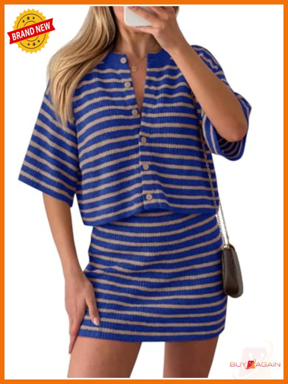 Womens 2 Piece Skirt Set Striped Knit Button Cardigan Mini Skirt Outfit